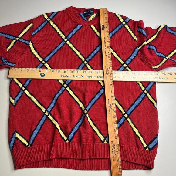 Vintage Alan Flusser Sweater Men’s L Red Knit Pullover 90s Geometric Argyle Patt - Picture 3 of 5